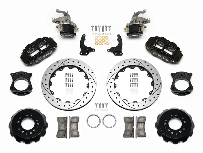 Wilwood Forged Narrow Superlite 4R-MC4 Big Brake Rear Parking Brake Kit Parts Laid Out - Black Powder Coat Caliper - SRP Drilled & Slotted Rotor