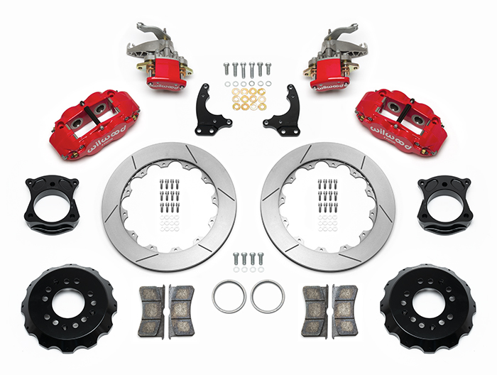 Wilwood Forged Narrow Superlite 4R-MC4 Big Brake Rear Parking Brake Kit Parts Laid Out - Red Powder Coat Caliper - GT Slotted Rotor