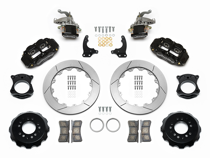 Wilwood Forged Narrow Superlite 4R-MC4 Big Brake Rear Parking Brake Kit Parts Laid Out - Black Powder Coat Caliper - GT Slotted Rotor