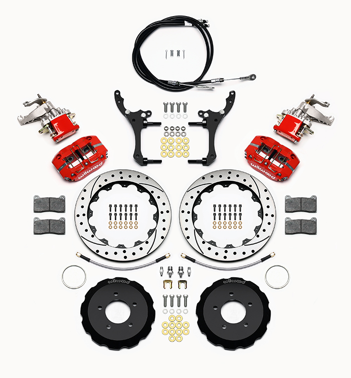 Wilwood Dynapro Radial-MC4 Rear Parking Brake Kit Parts Laid Out - Red Powder Coat Caliper - SRP Drilled & Slotted Rotor