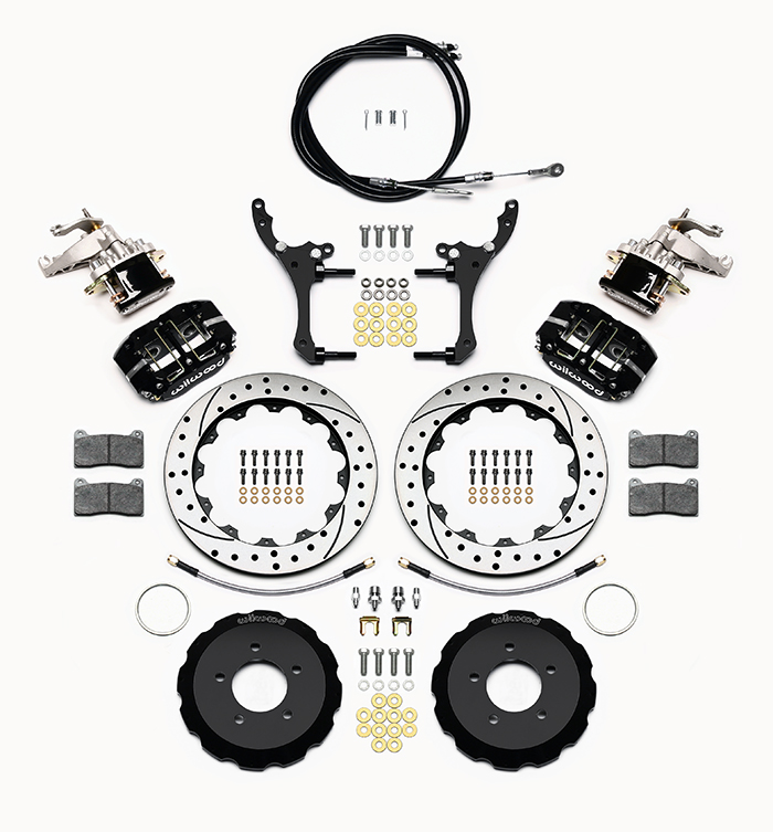 Wilwood Dynapro Radial-MC4 Rear Parking Brake Kit Parts Laid Out - Black Powder Coat Caliper - SRP Drilled & Slotted Rotor