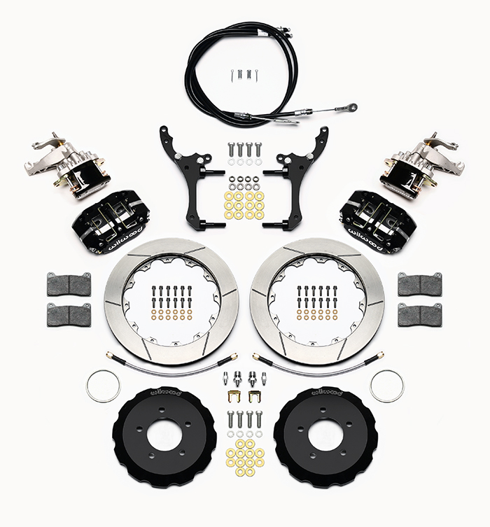 Wilwood Dynapro Radial-MC4 Rear Parking Brake Kit Parts Laid Out - Black Powder Coat Caliper - GT Slotted Rotor