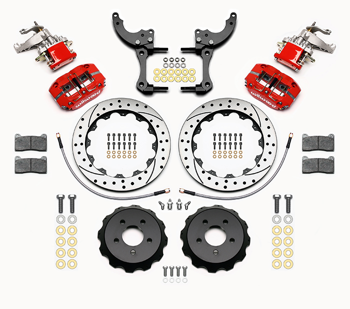 Wilwood Dynapro Radial-MC4 Rear Parking Brake Kit Parts Laid Out - Red Powder Coat Caliper - SRP Drilled & Slotted Rotor