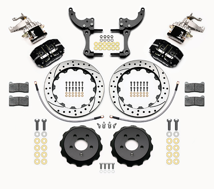 Wilwood Dynapro Radial-MC4 Rear Parking Brake Kit Parts Laid Out - Black Powder Coat Caliper - SRP Drilled & Slotted Rotor