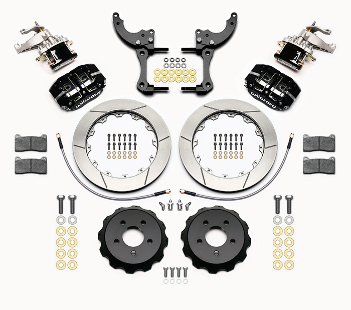 Wilwood Dynapro Radial-MC4 Rear Parking Brake Kit Parts Laid Out - Black Powder Coat Caliper