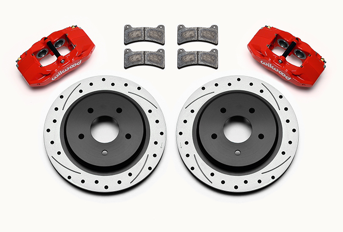 Wilwood DPC56 Rear Replacement Caliper and Rotor Kit Parts Laid Out - Red Powder Coat Caliper - SRP Dimpled & Slotted Rotor