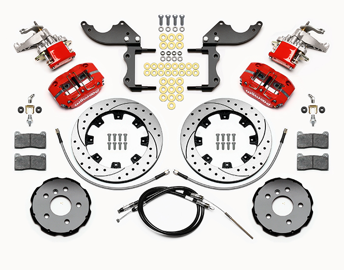 Wilwood Dynapro Radial-MC4 Rear Parking Brake Kit Parts Laid Out - Red Powder Coat Caliper - SRP Drilled & Slotted Rotor