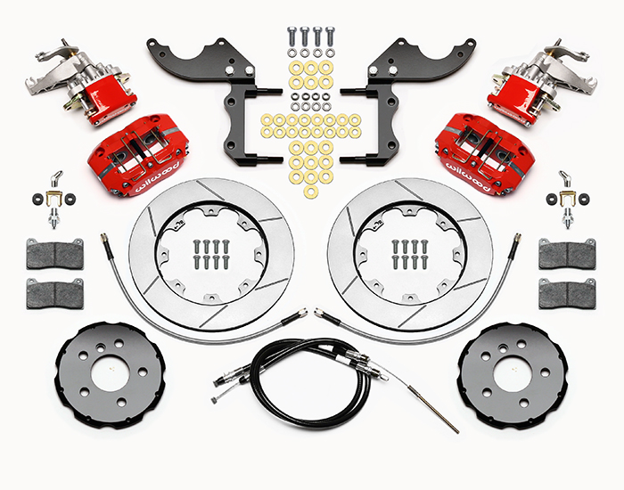 Wilwood Dynapro Radial-MC4 Rear Parking Brake Kit Parts Laid Out - Red Powder Coat Caliper - GT Slotted Rotor