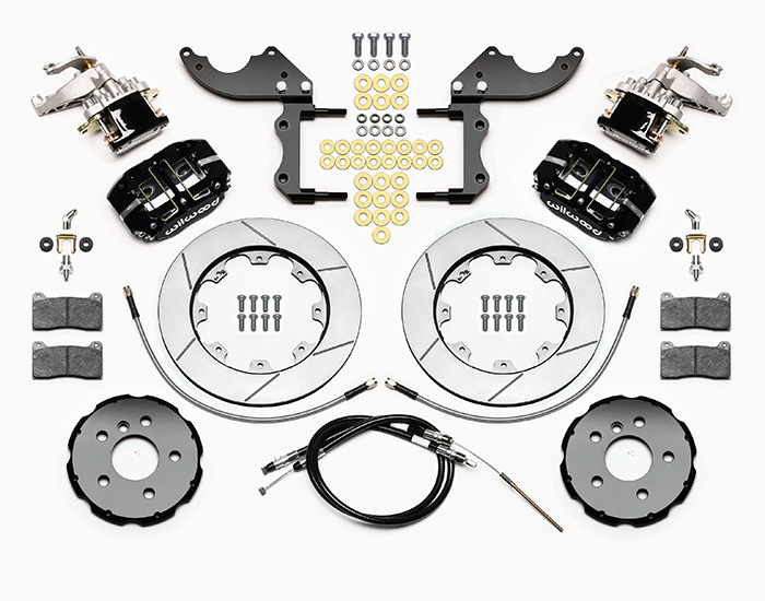 Wilwood Dynapro Radial-MC4 Rear Parking Brake Kit Parts Laid Out - Black Powder Coat Caliper - GT Slotted Rotor