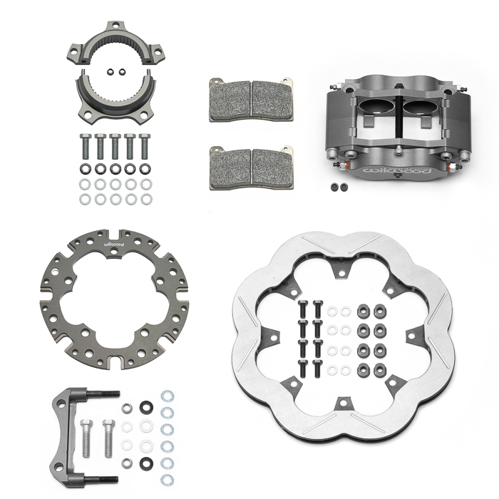 Wilwood Billet Narrow Dynalite Radial Mount Sprint Inboard Brake Kit Parts Laid Out - Type III Ano Caliper - Slotted Rotor