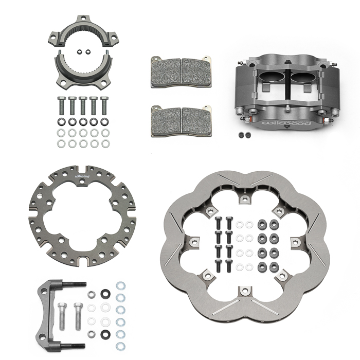 Wilwood Billet Narrow Dynalite Radial Mount Sprint Inboard Brake Kit Parts Laid Out - Type III Anodize Caliper - Slotted Rotor