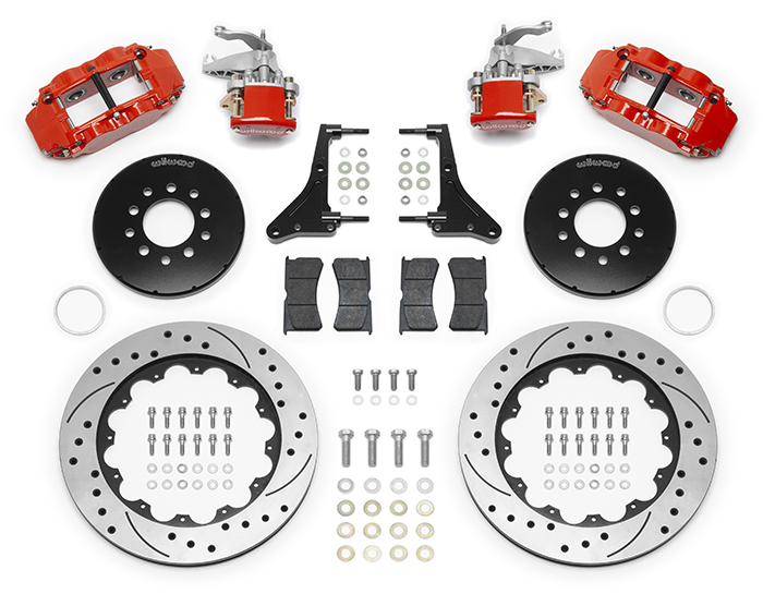 Wilwood Forged Narrow Superlite 4R-MC4 Big Brake Rear Parking Brake Kit Parts Laid Out - Red Powder Coat Caliper - SRP Drilled & Slotted Rotor