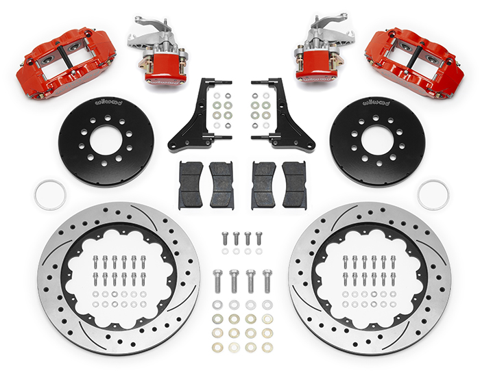 Wilwood Forged Narrow Superlite 4R-MC4 Big Brake Rear Parking Brake Kit Parts Laid Out - Red Powder Coat Caliper