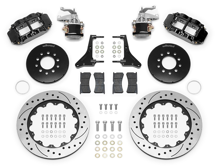 Wilwood Forged Narrow Superlite 4R-MC4 Big Brake Rear Parking Brake Kit Parts Laid Out - Black Powder Coat Caliper - SRP Drilled & Slotted Rotor