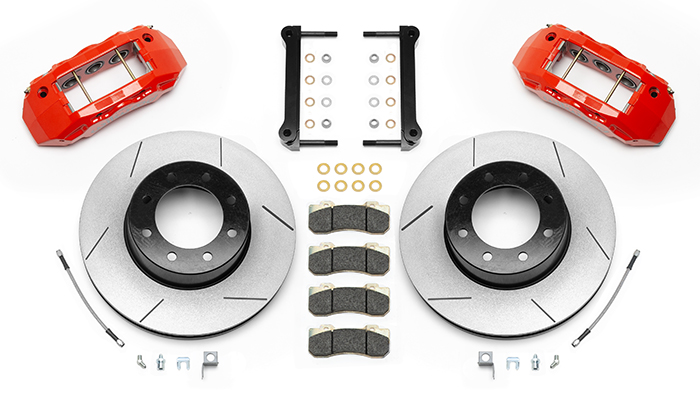 Wilwood TX6R Big Brake Truck Rear Brake Kit Parts Laid Out - Red Powder Coat Caliper - GT Slotted Rotor