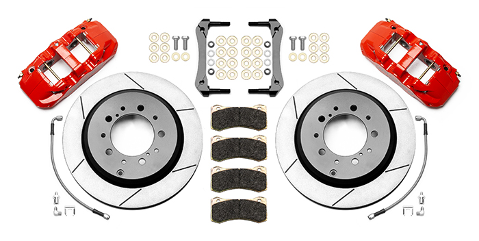 Wilwood AERO4 Big Brake Truck Rear Brake Kit Parts Laid Out - Red Powder Coat Caliper - GT Slotted Rotor