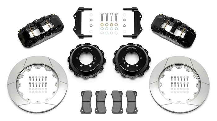 Wilwood AERO6 Big Brake Rear Brake Kit For OE Parking Brake Parts Laid Out - Black Powder Coat Caliper - GT Slotted Rotor