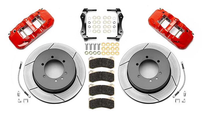 Wilwood AERO4 Big Brake Truck Rear Brake Kit Parts Laid Out - Red Powder Coat Caliper - GT Slotted Rotor