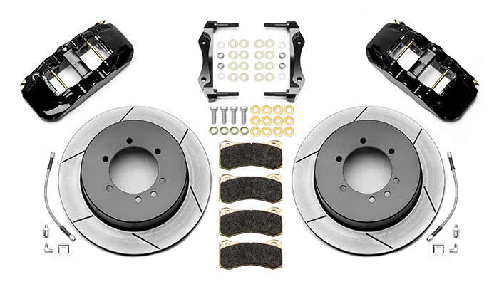 Wilwood AERO4 Big Brake Truck Rear Brake Kit Parts Laid Out - Black Powder Coat Caliper - GT Slotted Rotor