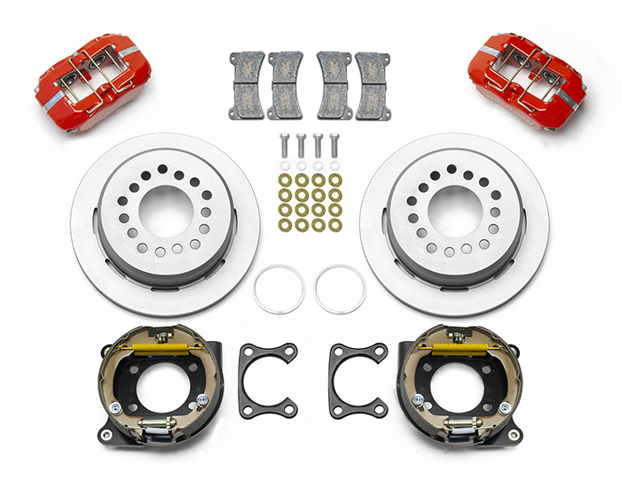 Wilwood Forged Dynapro Low-Profile Dust Seal Rear Parking Brake Kit Parts Laid Out - Red Powder Coat Caliper - Plain Face Rotor