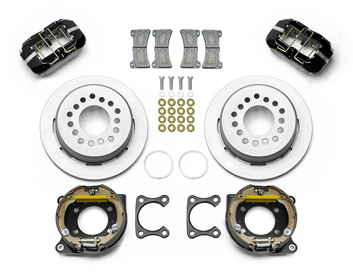 Wilwood Forged Dynapro Low-Profile Dust Seal Rear Parking Brake Kit Parts Laid Out - Black Powder Coat Caliper - Plain Face Rotor