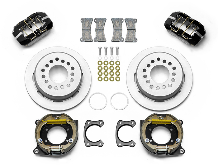 Wilwood Forged Dynapro Low-Profile Dust Seal Rear Parking Brake Kit Parts Laid Out - Black Powder Coat Caliper - Plain Face Rotor