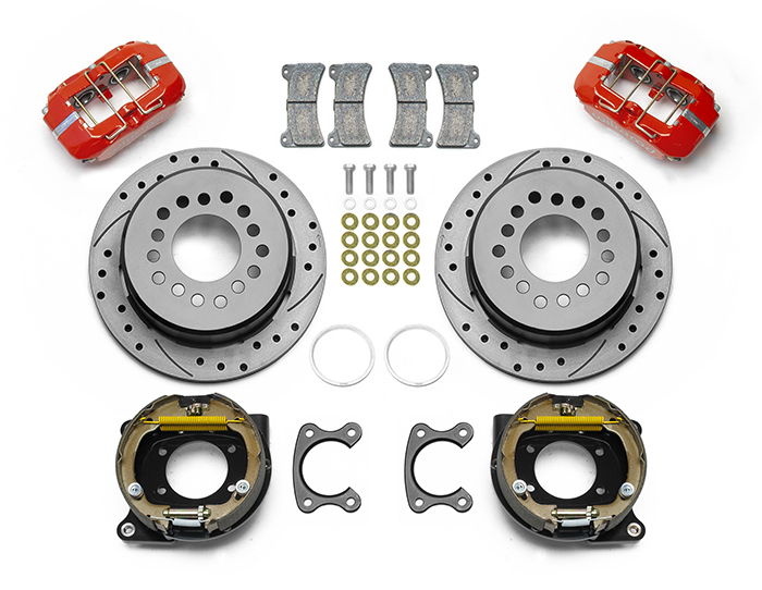 Wilwood Forged Dynapro Low-Profile Dust Seal Rear Parking Brake Kit Parts Laid Out - Red Powder Coat Caliper - SRP Drilled & Slotted Rotor