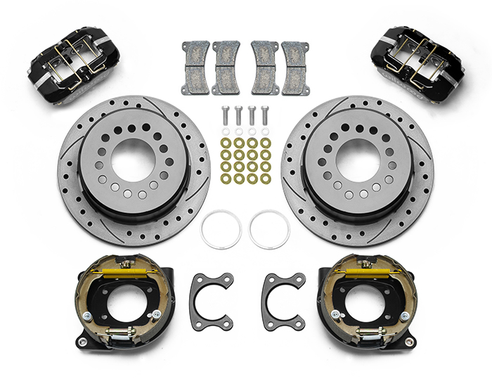 Wilwood Forged Dynapro Low-Profile Dust Seal Rear Parking Brake Kit Parts Laid Out - Black Powder Coat Caliper - SRP Drilled & Slotted Rotor