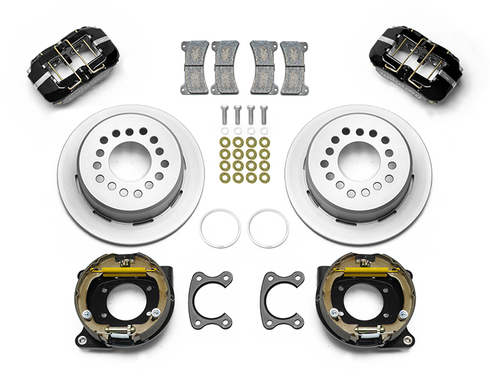 Wilwood Forged Dynapro Low-Profile Dust Seal Rear Parking Brake Kit Parts Laid Out - Black Powder Coat Caliper - Plain Face Rotor