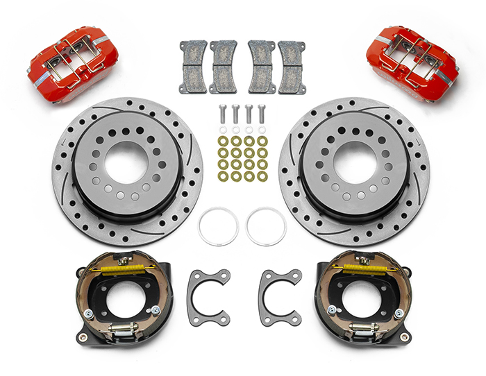 Wilwood Forged Dynapro Low-Profile Dust Seal Rear Parking Brake Kit Parts Laid Out - Red Powder Coat Caliper - SRP Drilled & Slotted Rotor