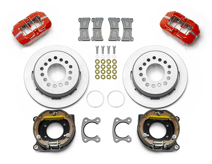 Wilwood Forged Dynapro Low-Profile Dust Seal Rear Parking Brake Kit Parts Laid Out - Red Powder Coat Caliper - Plain Face Rotor