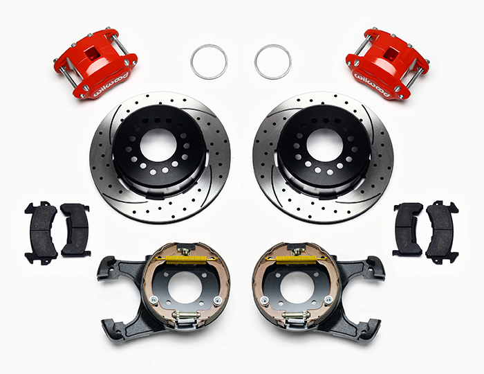 Wilwood D154 Rear Parking Brake Kit Parts Laid Out - Red Powder Coat Caliper - SRP Drilled & Slotted Rotor