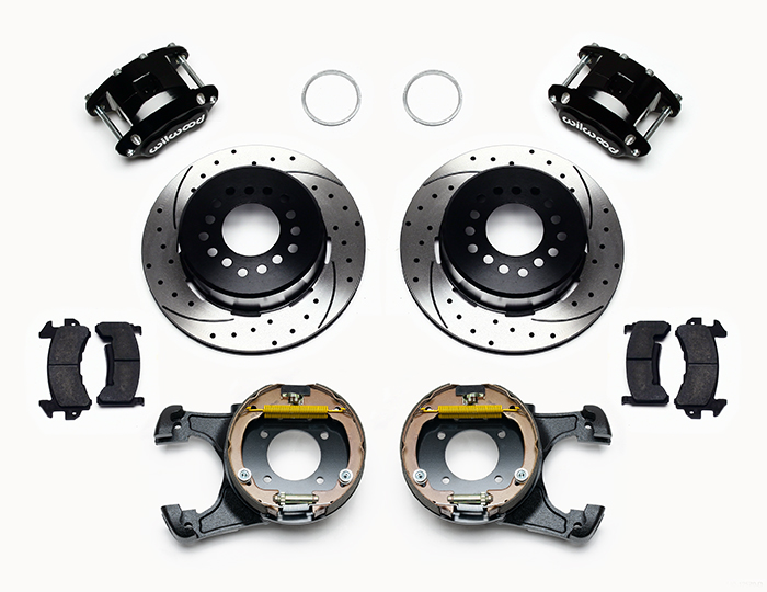 Wilwood D154 Rear Parking Brake Kit Parts Laid Out - Black Powder Coat Caliper - SRP Drilled & Slotted Rotor