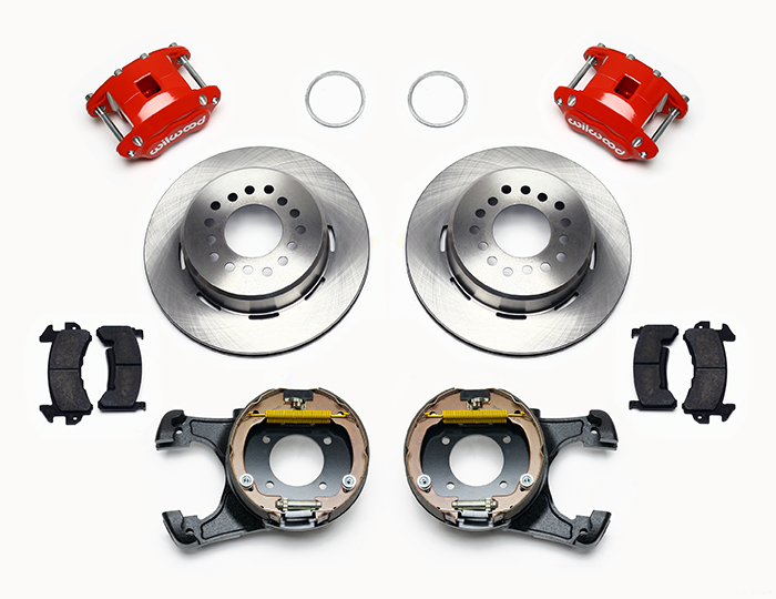 Wilwood D154 Rear Parking Brake Kit Parts Laid Out - Red Powder Coat Caliper - Plain Face Rotor