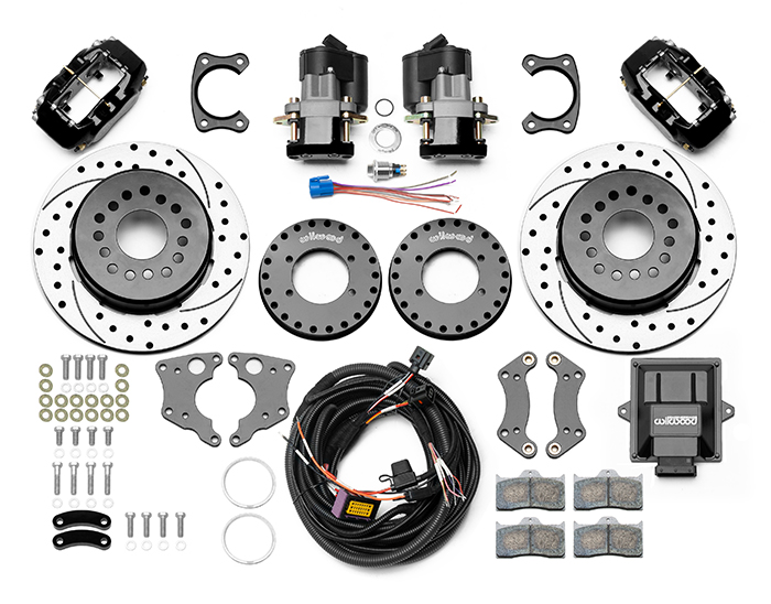 Wilwood Forged Dynalite Rear Electronic Parking Brake Kit Parts Laid Out - Black Powder Coat Caliper - SRP Drilled & Slotted Rotor
