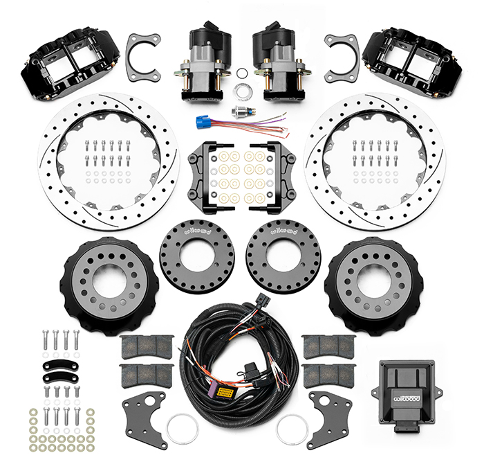 Wilwood Forged Narrow Superlite 4R Big Brake Rear Electronic Parking Brake Kit Parts Laid Out - Black Powder Coat Caliper - SRP Drilled & Slotted Rotor