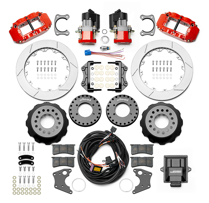 Wilwood Forged Narrow Superlite 4R Big Brake Rear Electronic Parking Brake Kit Parts Laid Out - Red Powder Coat Caliper - GT Slotted Rotor