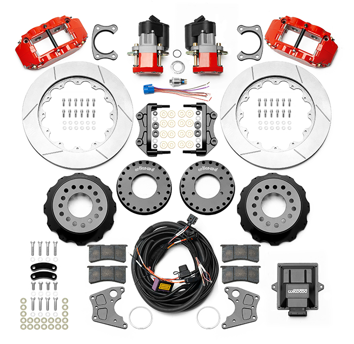 Wilwood Forged Narrow Superlite 4R Big Brake Rear Electronic Parking Brake Kit Parts Laid Out - Red Powder Coat Caliper - GT Slotted Rotor