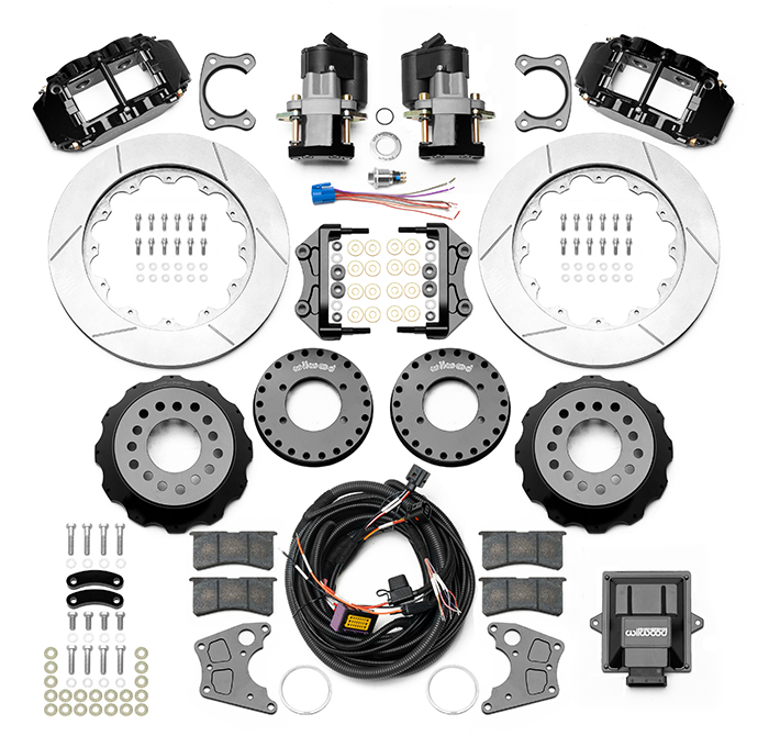 Wilwood Forged Narrow Superlite 4R Big Brake Rear Electronic Parking Brake Kit Parts Laid Out - Black Powder Coat Caliper - GT Slotted Rotor