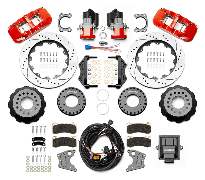 Wilwood AERO4 Big Brake Rear Electronic Parking Brake Kit Parts Laid Out - Red Powder Coat Caliper - SRP Drilled & Slotted Rotor