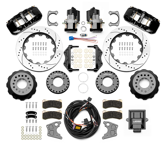 Wilwood AERO4 Big Brake Rear Electronic Parking Brake Kit Parts Laid Out - Black Powder Coat Caliper - SRP Drilled & Slotted Rotor