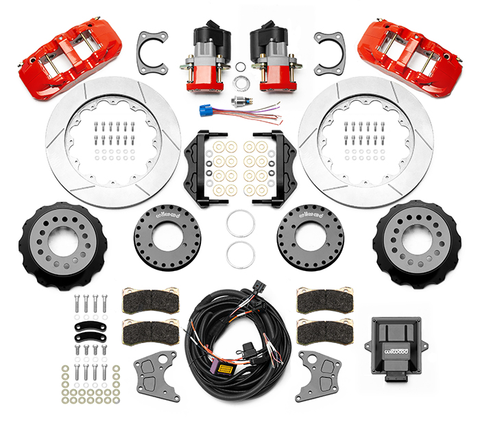 Wilwood AERO4 Big Brake Rear Electronic Parking Brake Kit Parts Laid Out - Red Powder Coat Caliper - GT Slotted Rotor