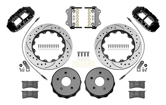 Wilwood Forged Narrow Superlite 4R Big Brake Rear Brake Kit For OE Parking Brake Parts Laid Out - Black Powder Coat Caliper - SRP Drilled & Slotted Rotor