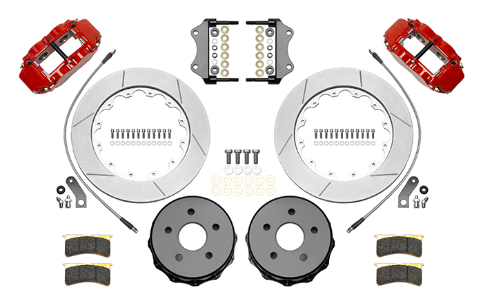 Wilwood Forged Narrow Superlite 4R Big Brake Rear Brake Kit For OE Parking Brake Parts Laid Out - Red Powder Coat Caliper - GT Slotted Rotor