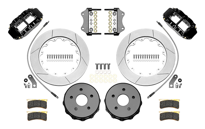 Wilwood Forged Narrow Superlite 4R Big Brake Rear Brake Kit For OE Parking Brake Parts Laid Out - Black Powder Coat Caliper - GT Slotted Rotor