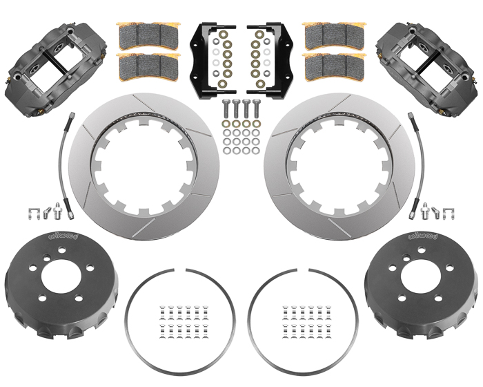 Wilwood Forged Narrow Superlite 4R Big Brake Rear Brake Kit (Race) Parts Laid Out - Type III Anodize Caliper - GT Slotted Rotor