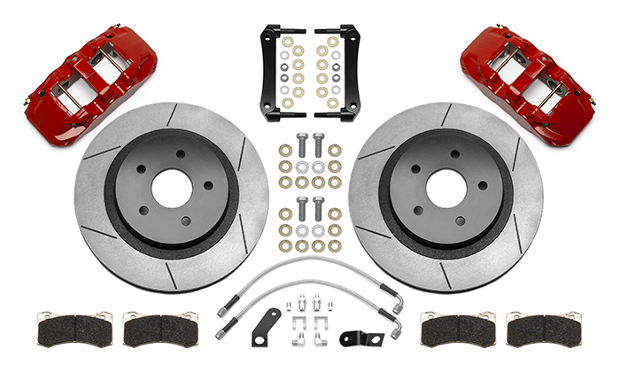 Wilwood AERO4 Big Brake Truck Rear Brake Kit Parts Laid Out - Red Powder Coat Caliper - GT Slotted Rotor