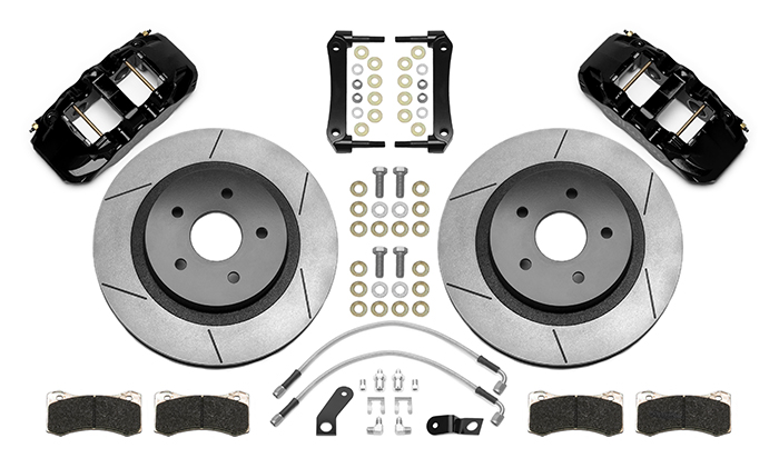 Wilwood AERO4 Big Brake Truck Rear Brake Kit Parts Laid Out - Black Powder Coat Caliper - GT Slotted Rotor