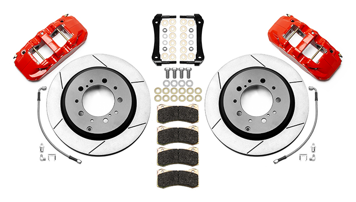 Wilwood AERO4 Big Brake Truck Rear Brake Kit Parts Laid Out - Red Powder Coat Caliper - GT Slotted Rotor