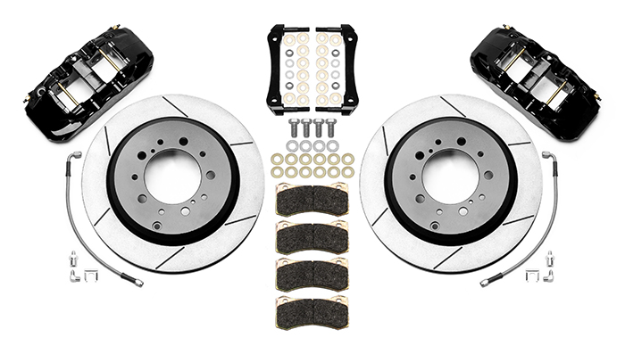 Wilwood AERO4 Big Brake Truck Rear Brake Kit Parts Laid Out - Black Powder Coat Caliper - GT Slotted Rotor